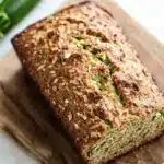 Zucchini bread gluten free dairy free - the image shows a loaf of bread on a wooden cutting board. the bread appears to be freshly baked and has a golden brown crust on top. it is topped with sliced zucchini and almonds, giving it a crunchy texture. the cutting board is placed on a white marble countertop with a bunch of fresh green onions in the background. a white cloth napkin is visible on the right side of the image.