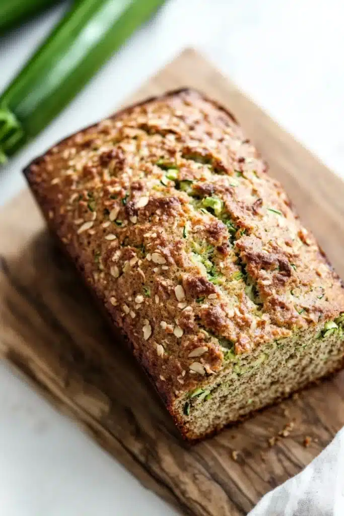 Zucchini bread gluten free dairy free - the image shows a loaf of bread on a wooden cutting board. the bread appears to be freshly baked and has a golden brown crust on top. it is topped with sliced zucchini and almonds, giving it a crunchy texture. the cutting board is placed on a white marble countertop with a bunch of fresh green onions in the background. a white cloth napkin is visible on the right side of the image.