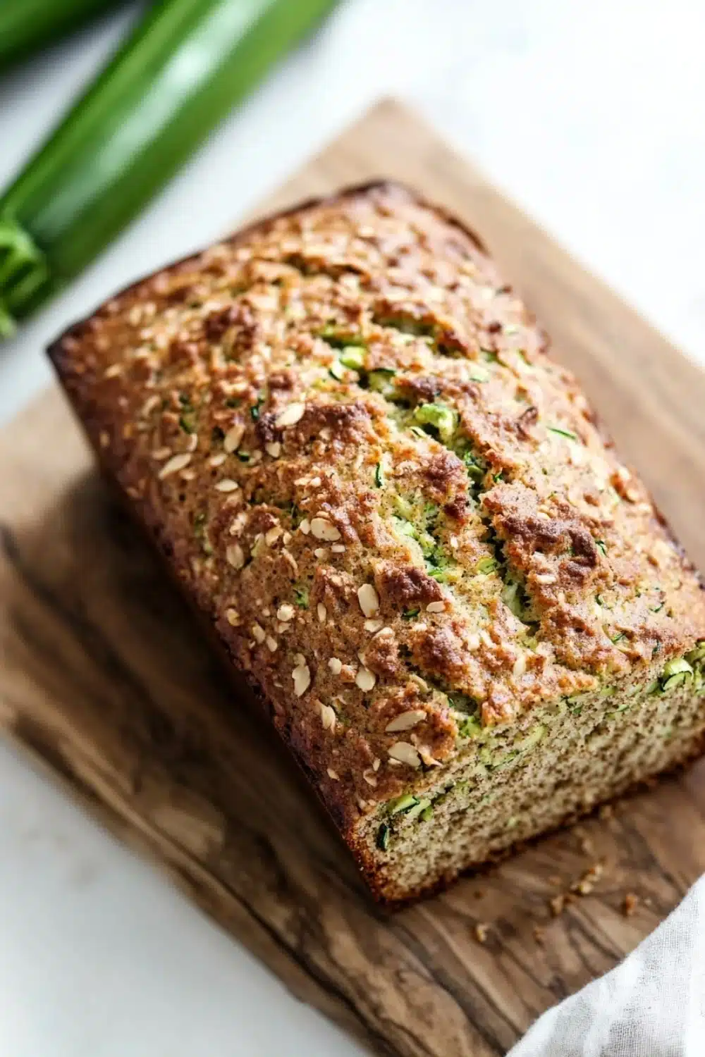 Zucchini bread gluten free dairy free - the image shows a loaf of bread on a wooden cutting board. the bread appears to be freshly baked and has a golden brown crust on top. it is topped with sliced zucchini and almonds, giving it a crunchy texture. the cutting board is placed on a white marble countertop with a bunch of fresh green onions in the background. a white cloth napkin is visible on the right side of the image.