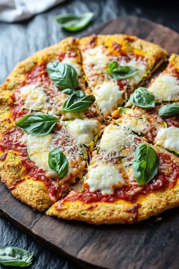 Zucchini crust pizza keto - the image is of a freshly baked pizza on a wooden cutting board. the pizza has a golden brown crust and is topped with melted cheese and fresh basil leaves. the cheese is melted and bubbly, and the basil leaves are arranged in a circular pattern around the edges of the pizza. the background is a dark wooden table with a white cloth napkin on the side. the overall aesthetic of the image is rustic and appetizing.