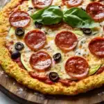 Zucchini crust pizza keto - the image is of a pepperoni pizza on a wooden cutting board. the pizza is round and has a golden brown crust. it is topped with sliced pepperoni, black olives, and a generous amount of melted cheese. there are also two basil leaves on top of the pizza, adding a pop of green color to the dish. the cutting board is placed on a white countertop with a white cloth napkin in the background.