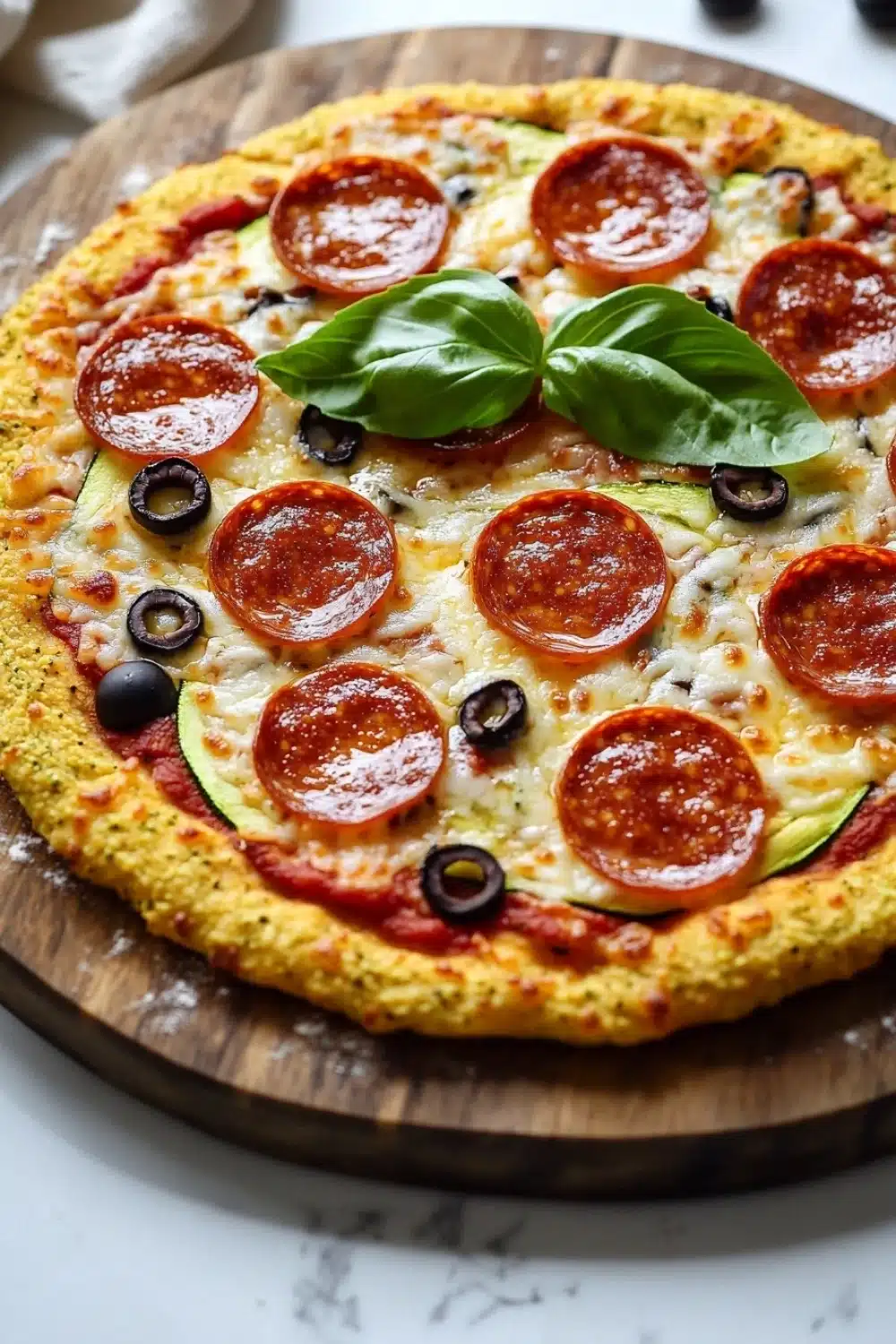 Zucchini crust pizza keto - the image is of a pepperoni pizza on a wooden cutting board. the pizza is round and has a golden brown crust. it is topped with sliced pepperoni, black olives, and a generous amount of melted cheese. there are also two basil leaves on top of the pizza, adding a pop of green color to the dish. the cutting board is placed on a white countertop with a white cloth napkin in the background.