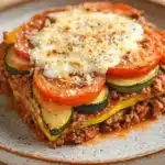 Zucchini tomato ground beef casserole - the image shows a plate of lasagna on a wooden table. the lasagna is made with layers of ground beef, zucchini, tomatoes, and cheese. the top layer is topped with a dollop of melted cheese and sprinkled with black pepper. the plate is white with a speckled pattern and the lasagna appears to be freshly baked. the background is blurred, but it seems to be a kitchen countertop.