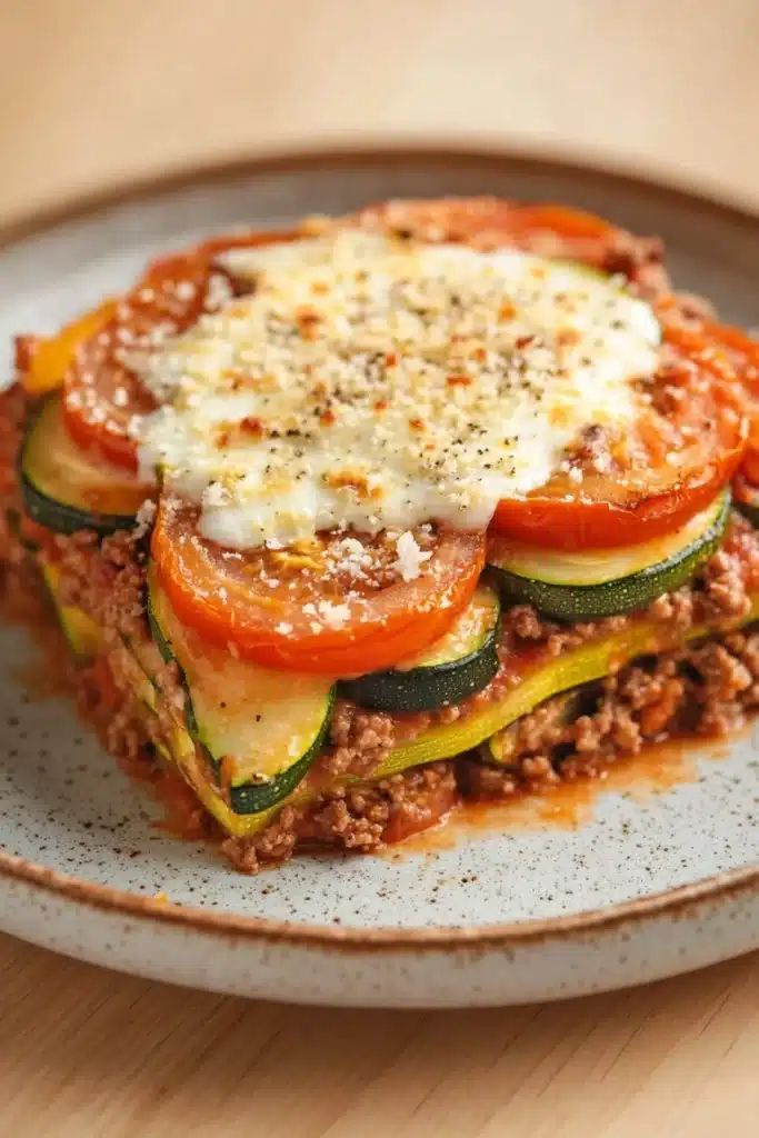 Zucchini tomato ground beef casserole - the image shows a plate of lasagna on a wooden table. the lasagna is made with layers of ground beef, zucchini, tomatoes, and cheese. the top layer is topped with a dollop of melted cheese and sprinkled with black pepper. the plate is white with a speckled pattern and the lasagna appears to be freshly baked. the background is blurred, but it seems to be a kitchen countertop.
