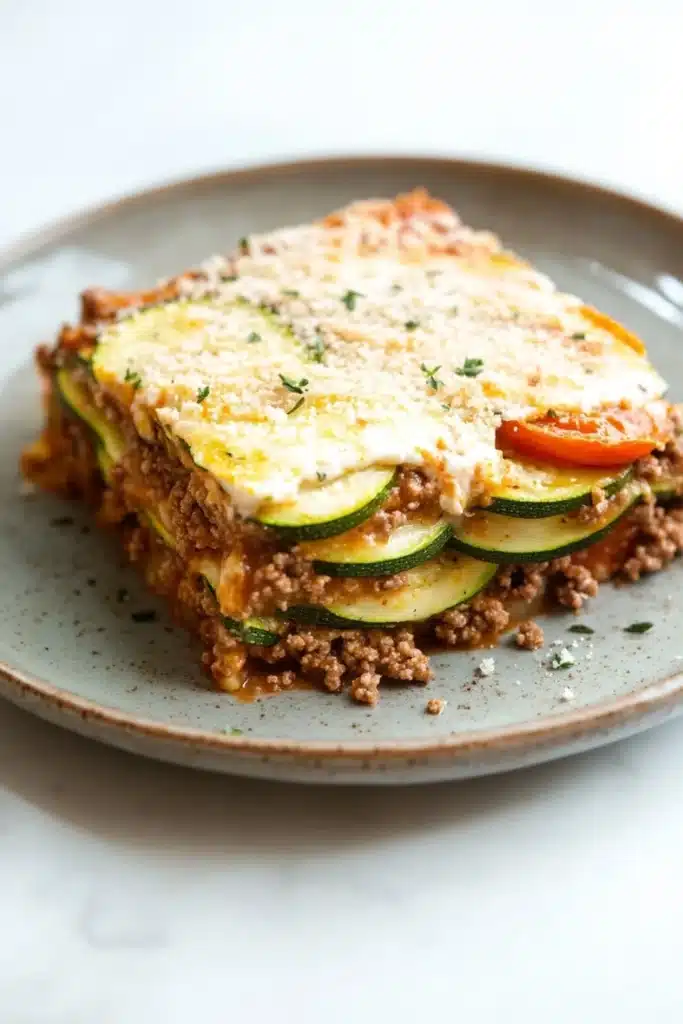Zucchini tomato ground beef casserole - the image shows a slice of lasagna on a gray plate. the lasagna is made with layers of ground beef, zucchini, and tomato sauce. the top layer is covered in a layer of melted cheese and sprinkled with chopped herbs. the plate is sitting on a white countertop. a fork is resting on the side of the plate.