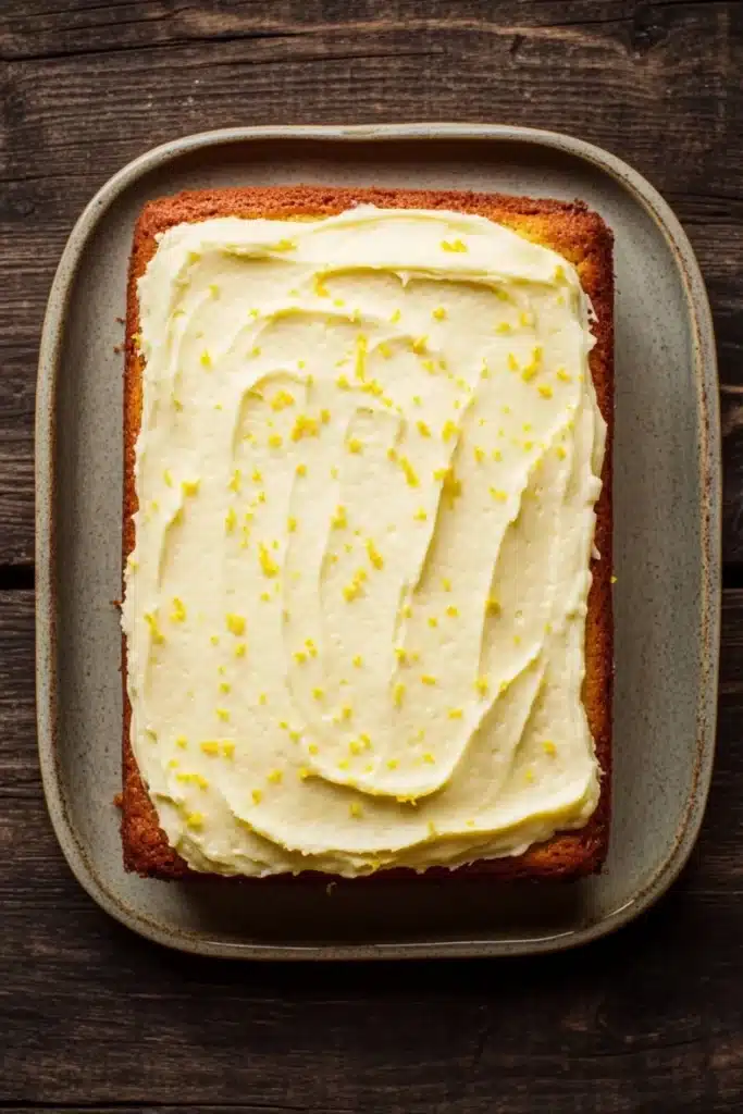 9 x 13 lemon cake - the image shows a rectangular baking tray with a freshly baked cake on it. the cake appears to be a carrot cake with a golden brown crust and a creamy white frosting on top. the frosting is spread evenly across the top of the cake, creating a swirl pattern. there are small yellow sprinkles scattered throughout the frosting, adding a pop of color to the dish. the tray is placed on a wooden table, giving the image a rustic feel.