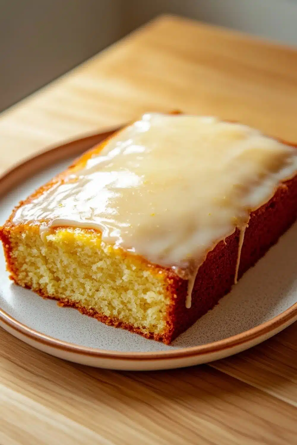9 x 13 lemon cake - the image shows a slice of cake on a white plate. the cake appears to be freshly baked and has a golden brown crust on top. the top of the cake is covered in a thick layer of white icing, which is drizzled over the cake. the plate is sitting on a wooden cutting board. the background is blurred, but it seems to be a kitchen countertop.