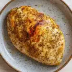 Air fryer chicken breast - the image shows a whole chicken breast on a white plate. the chicken breast is golden brown and appears to be seasoned with herbs and spices. the plate is round and has a light blue rim. the background is a white wooden surface.