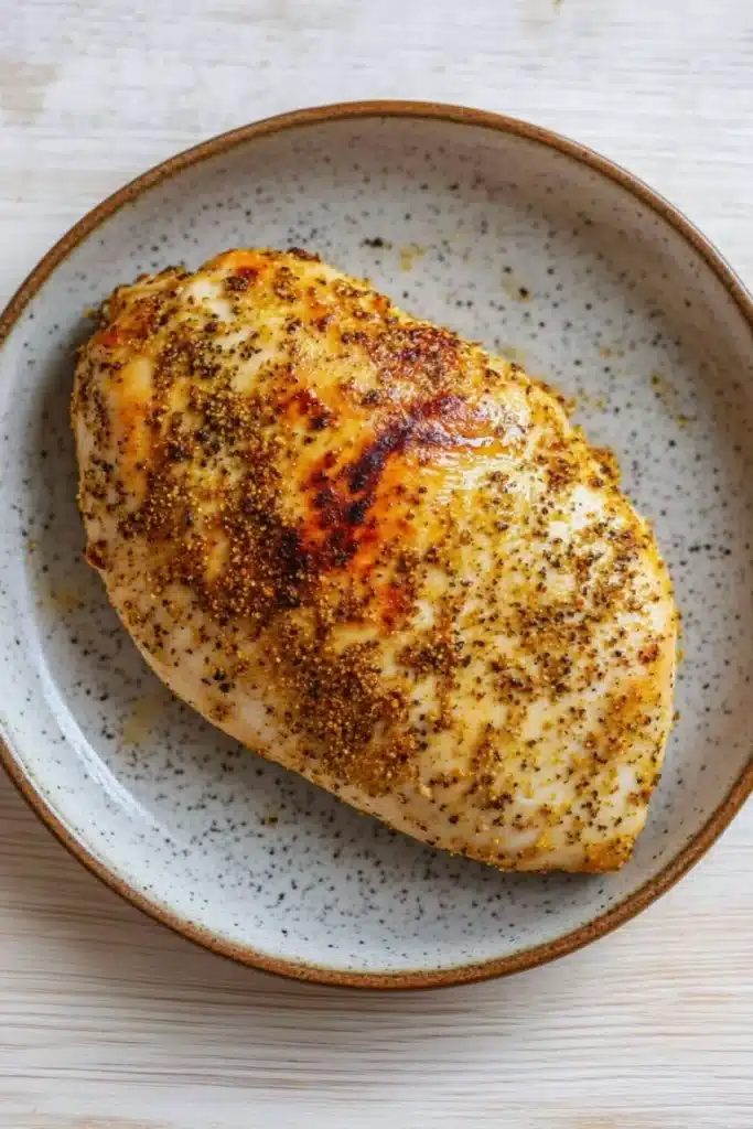 Air fryer chicken breast - the image shows a whole chicken breast on a white plate. the chicken breast is golden brown and appears to be seasoned with herbs and spices. the plate is round and has a light blue rim. the background is a white wooden surface.
