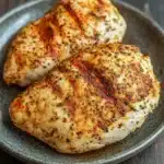 Air fryer chicken breast - the image shows two pieces of grilled chicken breasts on a gray plate. the chicken breasts are golden brown and appear to be seasoned with herbs and spices. the plate is placed on a wooden table with a rustic texture. the background is blurred, but it appears to be a kitchen countertop. the overall mood of the image is warm and inviting.