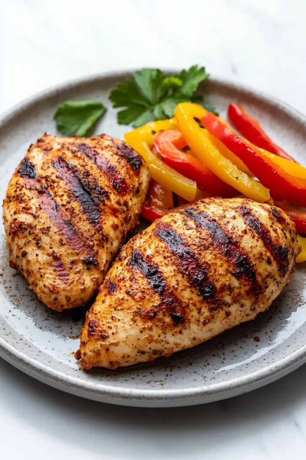 Air fryer chicken breast and peppers - the image shows two grilled chicken breasts on a gray plate. the chicken breasts are golden brown and appear to be seasoned with herbs and spices. on top of the chicken breasts, there are sliced red and yellow bell peppers and a sprig of parsley. the plate is sitting on a white marble countertop.