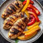 Air fryer chicken breast and peppers - the image shows a plate of grilled chicken breasts on a dark wooden table. the chicken breasts are golden brown and appear to be seasoned with herbs and spices. on the right side of the plate, there are sliced red and yellow bell peppers arranged in a circular pattern. the peppers are cut into thin slices and are garnished with a sprig of parsley. the plate is covered in a light dusting of powdered sugar.