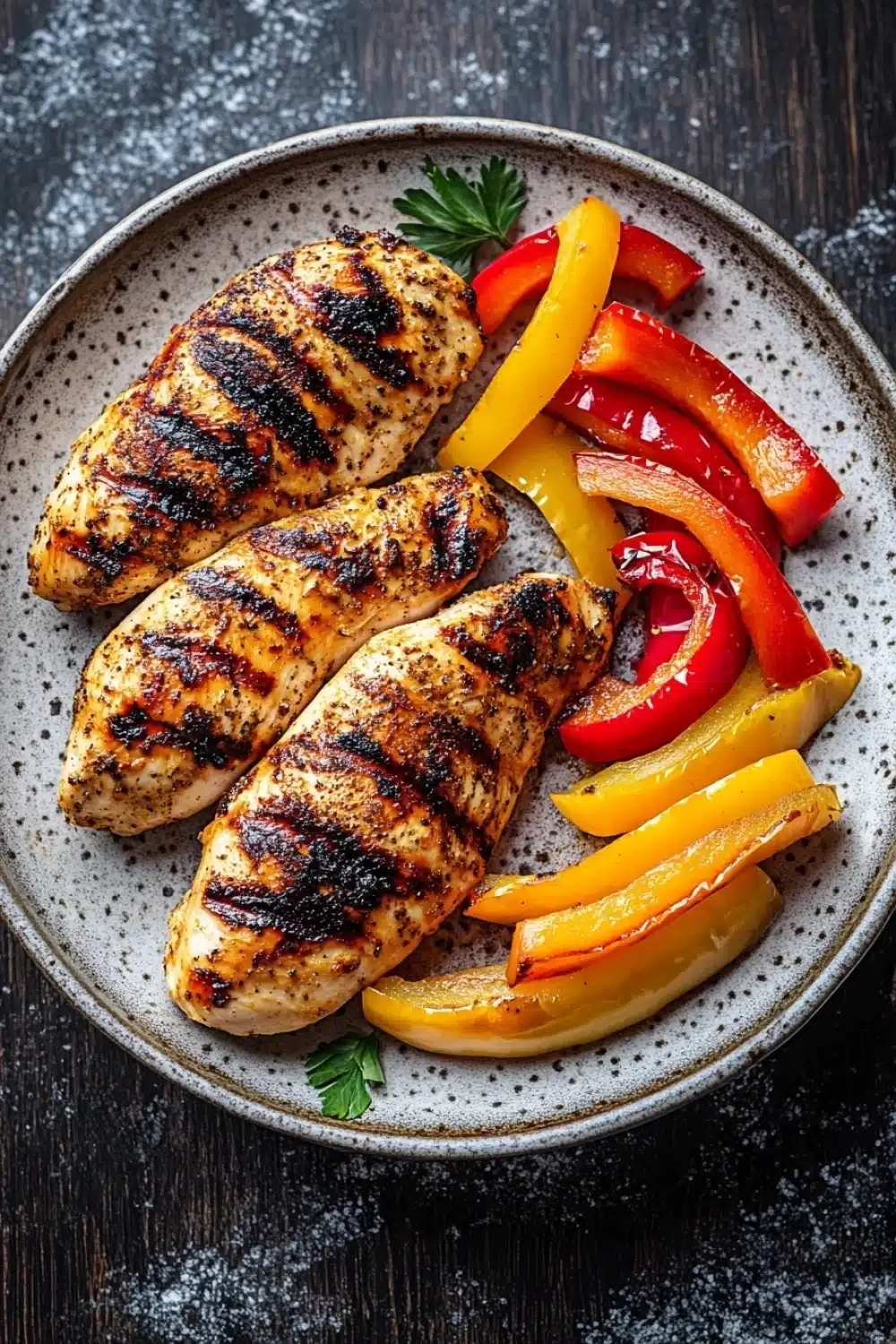 Air fryer chicken breast and peppers - the image shows a plate of grilled chicken breasts on a dark wooden table. the chicken breasts are golden brown and appear to be seasoned with herbs and spices. on the right side of the plate, there are sliced red and yellow bell peppers arranged in a circular pattern. the peppers are cut into thin slices and are garnished with a sprig of parsley. the plate is covered in a light dusting of powdered sugar.