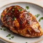 Air fryer chicken breast glazed - the image shows a plate of grilled chicken breast on a white wooden table. the chicken breast is golden brown and appears to be seasoned with herbs and spices. it is garnished with a sprig of fresh parsley. the plate is round and has a light blue rim. the background is blurred, making the chicken the focal point of the image.