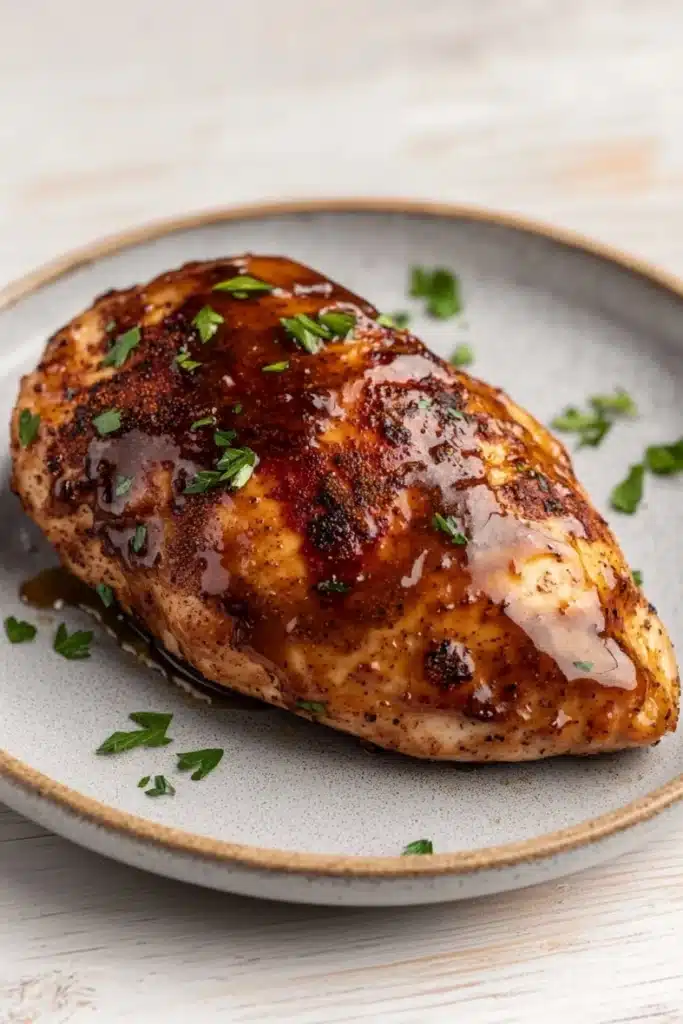 Air fryer chicken breast glazed - the image shows a plate of grilled chicken breast on a white wooden table. the chicken breast is golden brown and appears to be seasoned with herbs and spices. it is garnished with a sprig of fresh parsley. the plate is round and has a light blue rim. the background is blurred, making the chicken the focal point of the image.