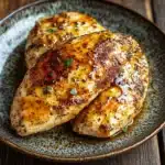 Air fryer chicken breast honey mustard - the image shows two pieces of grilled chicken breasts on a dark blue plate. the chicken breasts are golden brown and appear to be seasoned with herbs and spices. the plate is sitting on a wooden table with a rustic background. the overall mood of the image is warm and inviting.