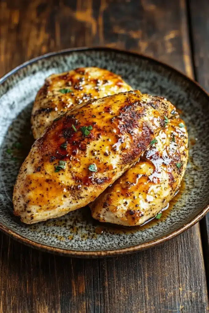 Air fryer chicken breast honey mustard - the image shows two pieces of grilled chicken breasts on a dark blue plate. the chicken breasts are golden brown and appear to be seasoned with herbs and spices. the plate is sitting on a wooden table with a rustic background. the overall mood of the image is warm and inviting.