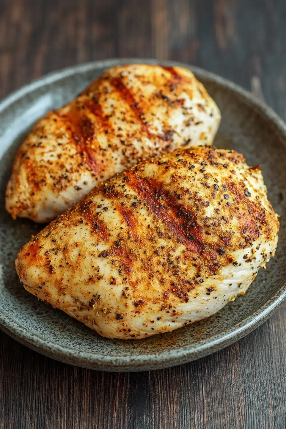 Air fryer chicken breast - the image shows two pieces of grilled chicken breasts on a gray plate. the chicken breasts are golden brown and appear to be seasoned with herbs and spices. the plate is placed on a wooden table with a rustic texture. the background is blurred, but it appears to be a kitchen countertop. the overall mood of the image is warm and inviting.