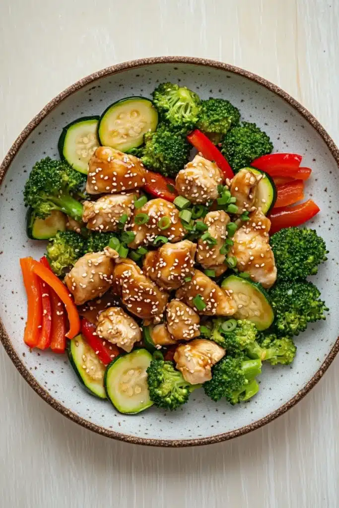 Air fryer chicken teriyaki with vegetables - the image is a close-up of a bowl of asian-style stir-fry. the bowl is made of ceramic and has a light brown color with a speckled pattern. it is filled with a variety of vegetables, including broccoli, zucchini, red bell peppers, and sliced cucumbers. the vegetables are arranged in a colorful and appetizing manner, with some pieces of chicken and sesame seeds sprinkled on top. the chicken is cut into small cubes and appears to be seasoned with herbs and spices. the colors of the vegetables are vibrant and the dish looks fresh and vibrant.