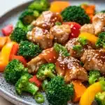 Air fryer chicken teriyaki with vegetables - the image is a close-up of a plate of stir-fry with chicken and vegetables. the plate is gray and has a speckled texture. the chicken is covered in sesame seeds and is cut into small pieces. the vegetables include broccoli, red bell peppers, and yellow bell peppers. there are also some green onions scattered throughout the dish. the dish appears to be freshly cooked and ready to eat.