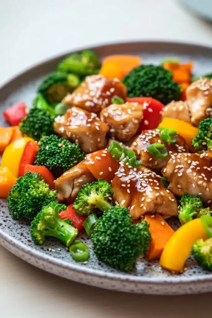 Air fryer chicken teriyaki with vegetables - the image is a close-up of a plate of stir-fry with chicken and vegetables. the plate is gray and has a speckled texture. the chicken is covered in sesame seeds and is cut into small pieces. the vegetables include broccoli, red bell peppers, and yellow bell peppers. there are also some green onions scattered throughout the dish. the dish appears to be freshly cooked and ready to eat.