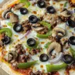 Air fryer deep dish tortilla pizza - the image is of a large pizza on a wooden cutting board. the pizza is topped with melted cheese, sliced mushrooms, green bell peppers, red onions, and black olives. the toppings are arranged in a circular pattern on top of the cheese. the crust of the pizza is golden brown and appears to be freshly baked. the background is a white wooden table.