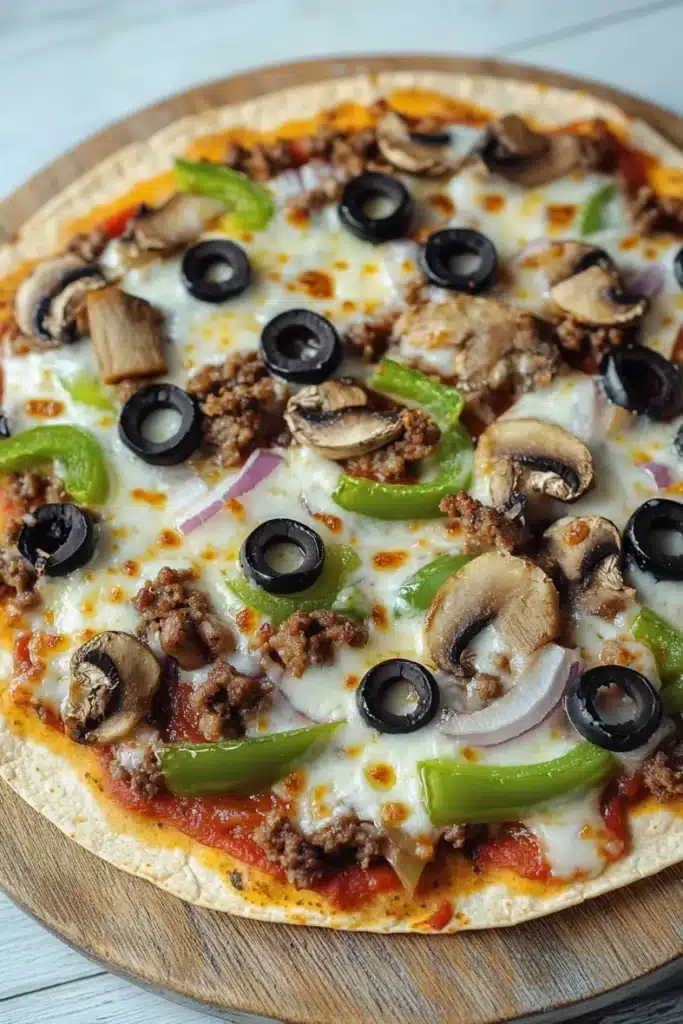 Air fryer deep dish tortilla pizza - the image is of a large pizza on a wooden cutting board. the pizza is topped with melted cheese, sliced mushrooms, green bell peppers, red onions, and black olives. the toppings are arranged in a circular pattern on top of the cheese. the crust of the pizza is golden brown and appears to be freshly baked. the background is a white wooden table.