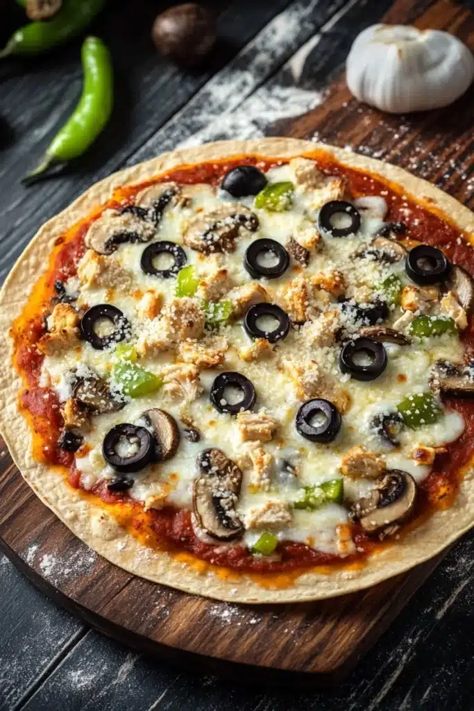 Air fryer deep dish tortilla pizza - the image is of a pizza on a wooden cutting board. the pizza is round and has a golden brown crust. it is topped with melted cheese, sliced mushrooms, green bell peppers, and black olives. there are also two whole garlic cloves and two green chili peppers on the cutting board next to the pizza. the background is a dark wooden table.