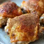 Air fryer gluten free chicken thigh - the image shows a plate of grilled chicken drumsticks. the drumsticks are golden brown and appear to be seasoned with herbs and spices. they are arranged in a circular pattern on the plate, with some overlapping each other. the plate is made of a light-colored ceramic or porcelain material and has a speckled texture. the background is blurred, but it appears to be a wooden table or countertop.