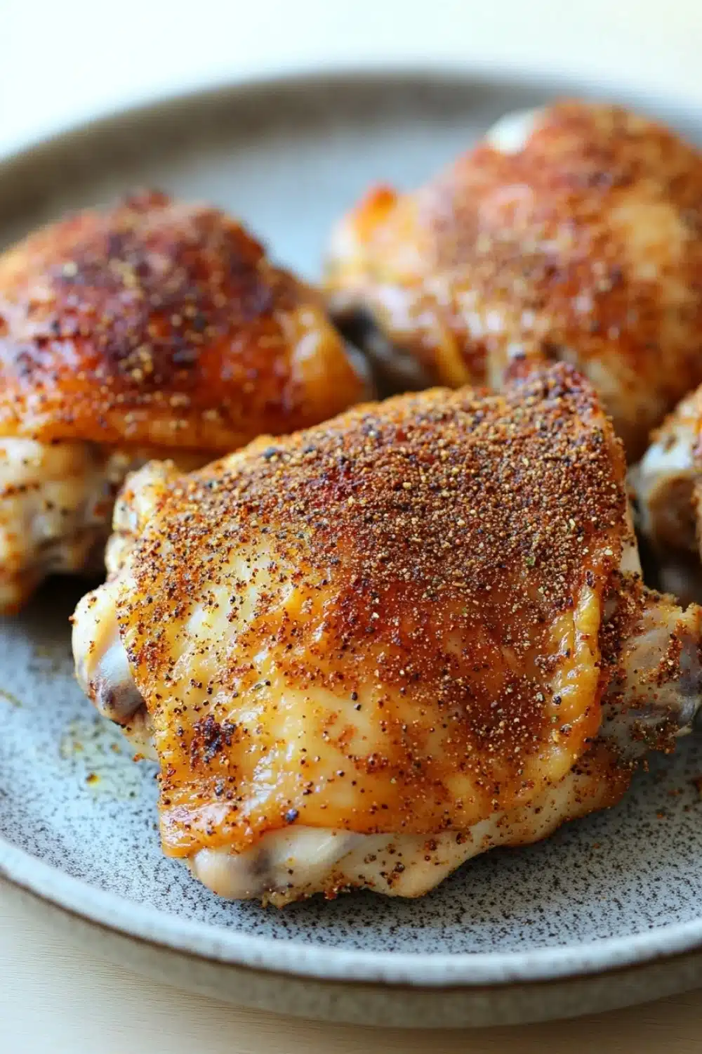 Air fryer gluten free chicken thigh - the image shows a plate of grilled chicken drumsticks. the drumsticks are golden brown and appear to be seasoned with herbs and spices. they are arranged in a circular pattern on the plate, with some overlapping each other. the plate is made of a light-colored ceramic or porcelain material and has a speckled texture. the background is blurred, but it appears to be a wooden table or countertop.
