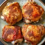 Air fryer gluten free chicken thigh - the image shows four pieces of grilled chicken on a plate. the chicken appears to be seasoned with herbs and spices, giving it a golden brown color. the plate is round and has a light blue rim. the background is dark, making the chicken the focal point of the image.