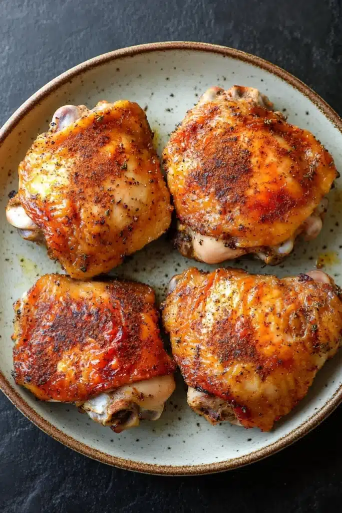 Air fryer gluten free chicken thigh - the image shows four pieces of grilled chicken on a plate. the chicken appears to be seasoned with herbs and spices, giving it a golden brown color. the plate is round and has a light blue rim. the background is dark, making the chicken the focal point of the image.