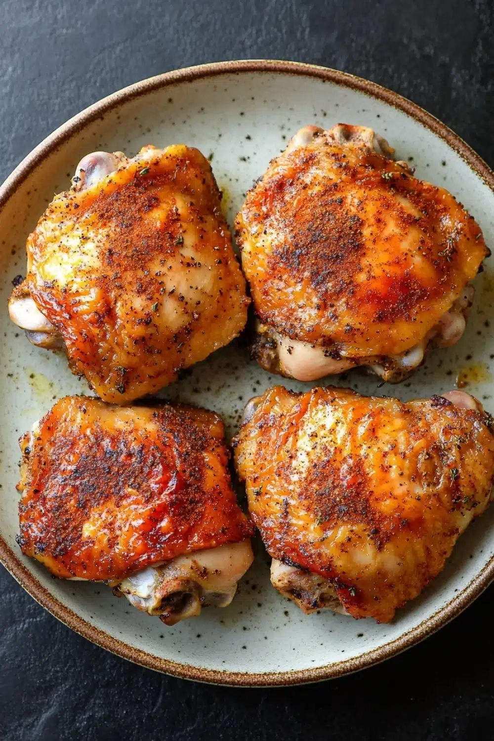 Air fryer gluten free chicken thigh - the image shows four pieces of grilled chicken on a plate. the chicken appears to be seasoned with herbs and spices, giving it a golden brown color. the plate is round and has a light blue rim. the background is dark, making the chicken the focal point of the image.