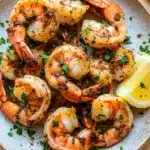 Air fryer peel and eat shrimp - the image shows a plate of cooked shrimp on a white tablecloth. the shrimp are arranged in a circular pattern on the plate, with some overlapping each other. they are cooked to a golden brown color and appear to be seasoned with herbs and spices. there are two lemon wedges on the side of the plate and a sprig of parsley scattered around the plate. the overall presentation of the dish is appetizing and visually appealing.