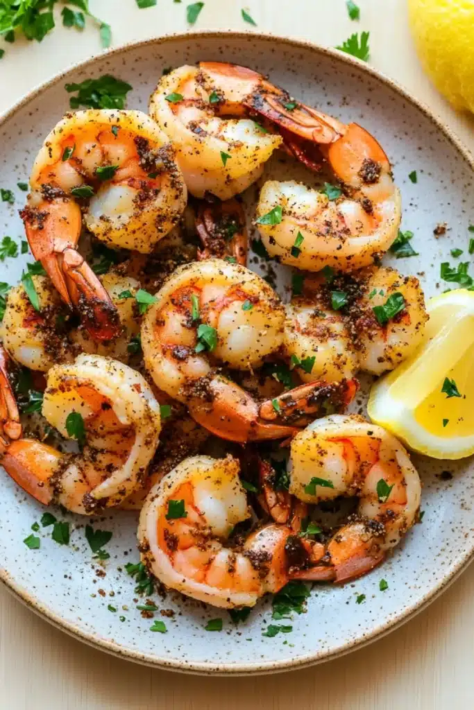 Air fryer peel and eat shrimp - the image shows a plate of cooked shrimp on a white tablecloth. the shrimp are arranged in a circular pattern on the plate, with some overlapping each other. they are cooked to a golden brown color and appear to be seasoned with herbs and spices. there are two lemon wedges on the side of the plate and a sprig of parsley scattered around the plate. the overall presentation of the dish is appetizing and visually appealing.