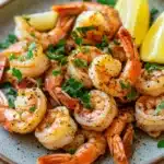 Air fryer peel and eat shrimp - the image shows a plate of cooked shrimp with lemon wedges on the side. the shrimp are cooked to a golden brown color and have a crispy texture. they are garnished with a sprig of fresh parsley and a few slices of lemon. the plate is made of a light-colored ceramic with a speckled pattern. the background is blurred, but it appears to be a wooden table.