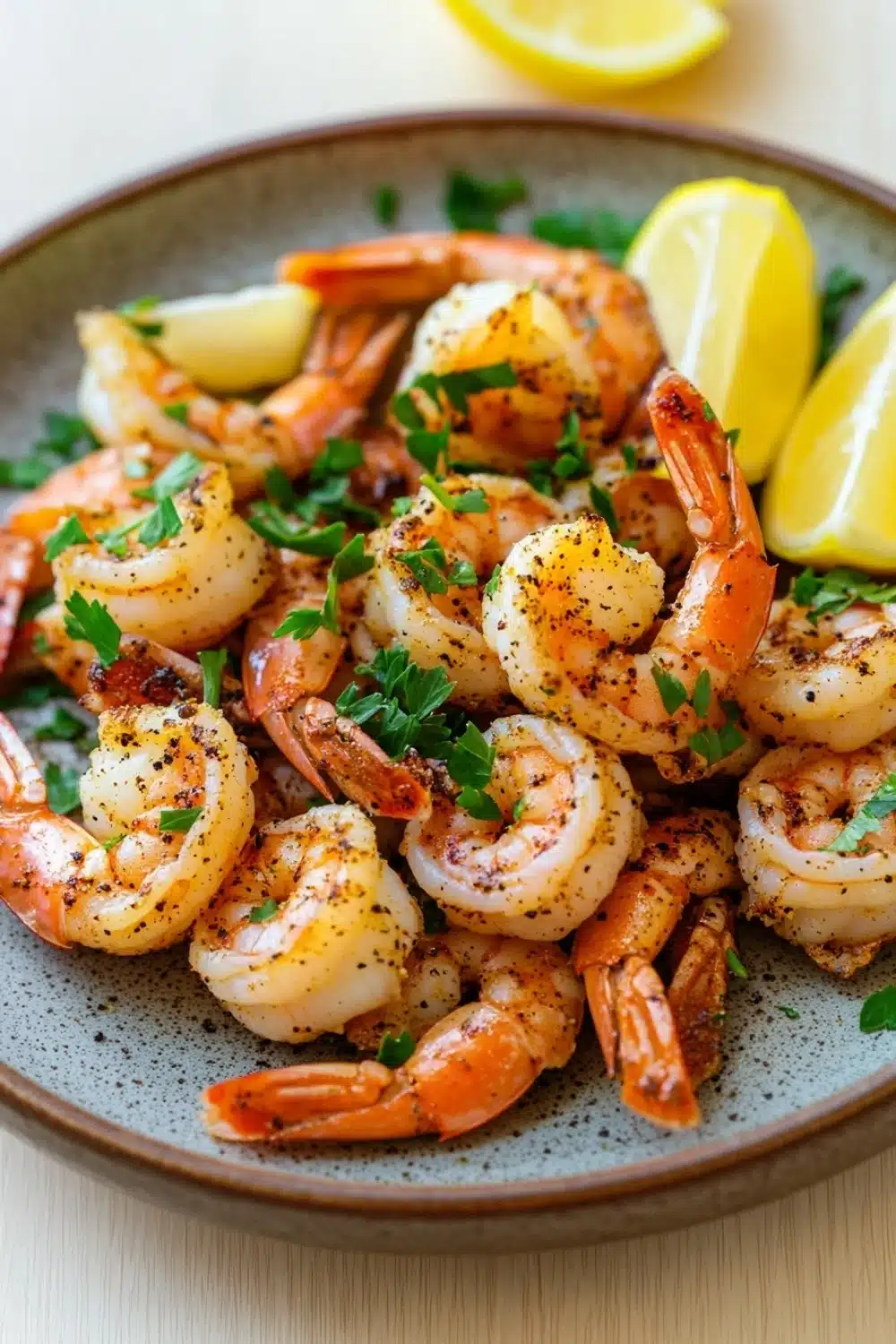 Air fryer peel and eat shrimp - the image shows a plate of cooked shrimp with lemon wedges on the side. the shrimp are cooked to a golden brown color and have a crispy texture. they are garnished with a sprig of fresh parsley and a few slices of lemon. the plate is made of a light-colored ceramic with a speckled pattern. the background is blurred, but it appears to be a wooden table.