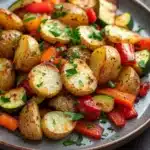 Air fryer potato and veggies - the image is a close-up of a plate of roasted vegetables. the vegetables are golden brown and appear to be seasoned with herbs and spices. they are cut into small cubes and are arranged in a circular pattern on the plate. there are also small pieces of red and yellow bell peppers, zucchini, and carrots scattered throughout the dish. the plate is gray and has a textured surface. the background is a wooden table with a few sprigs of parsley scattered around.