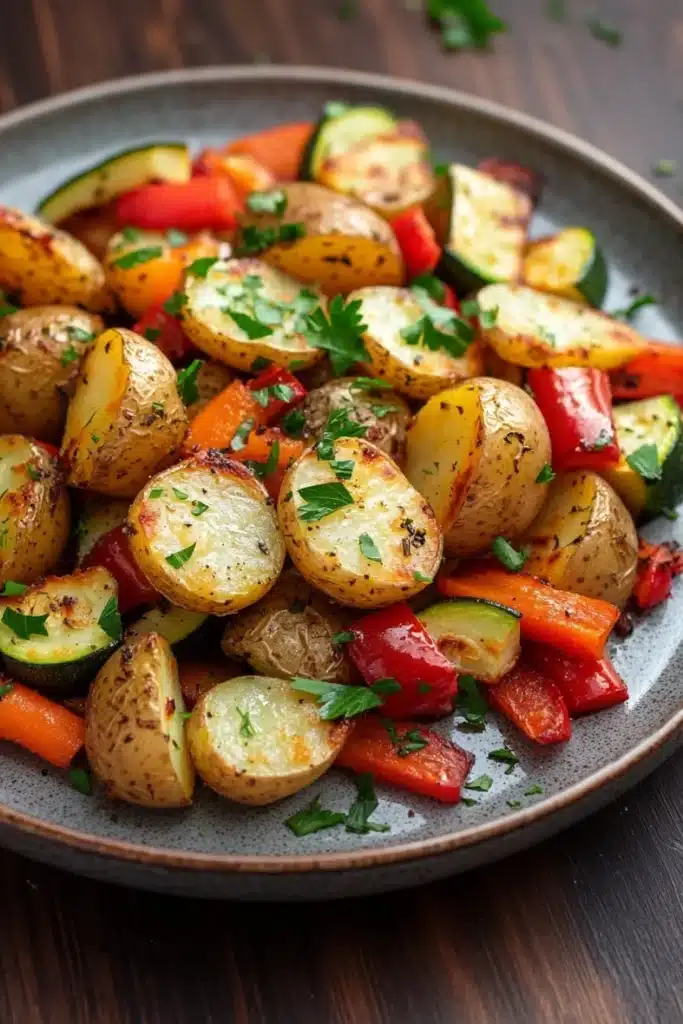 Air fryer potato and veggies - the image is a close-up of a plate of roasted vegetables. the vegetables are golden brown and appear to be seasoned with herbs and spices. they are cut into small cubes and are arranged in a circular pattern on the plate. there are also small pieces of red and yellow bell peppers, zucchini, and carrots scattered throughout the dish. the plate is gray and has a textured surface. the background is a wooden table with a few sprigs of parsley scattered around.