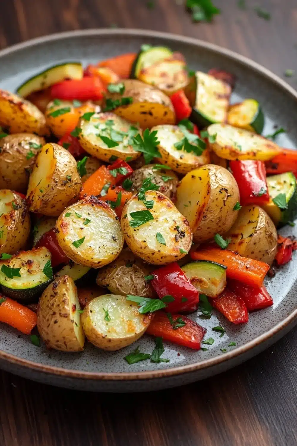 Air fryer potato and veggies - the image is a close-up of a plate of roasted vegetables. the vegetables are golden brown and appear to be seasoned with herbs and spices. they are cut into small cubes and are arranged in a circular pattern on the plate. there are also small pieces of red and yellow bell peppers, zucchini, and carrots scattered throughout the dish. the plate is gray and has a textured surface. the background is a wooden table with a few sprigs of parsley scattered around.