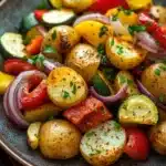 Air fryer potato and veggies - the image is a close-up of a plate of roasted vegetables. the vegetables are arranged in a circular pattern on a dark blue plate. the potatoes are golden brown and appear to be seasoned with herbs and spices. they are cut into small cubes and are garnished with sliced red onions and red bell peppers. the plate is sitting on a wooden table with a sprig of parsley in the background. the overall color palette of the dish is warm and inviting.