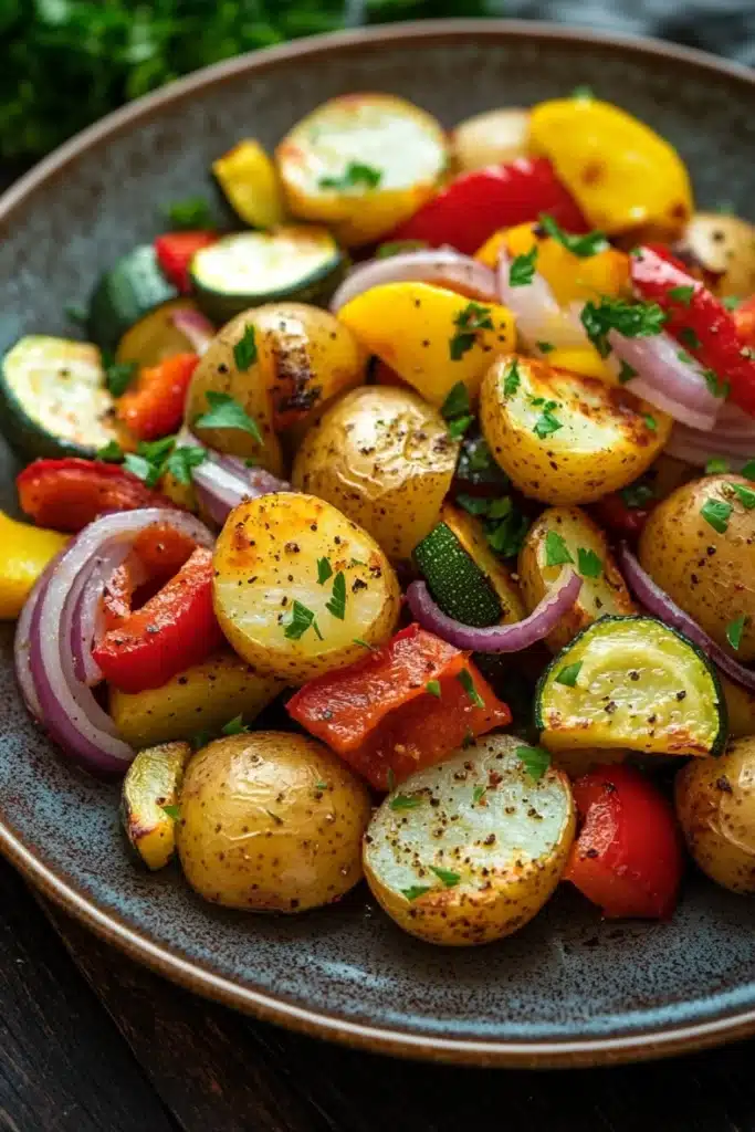 Air fryer potato and veggies - the image is a close-up of a plate of roasted vegetables. the vegetables are arranged in a circular pattern on a dark blue plate. the potatoes are golden brown and appear to be seasoned with herbs and spices. they are cut into small cubes and are garnished with sliced red onions and red bell peppers. the plate is sitting on a wooden table with a sprig of parsley in the background. the overall color palette of the dish is warm and inviting.