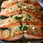 Air fryer salmon garlic parmesan - the image shows four pieces of salmon on a gray plate. the salmon is cooked to a golden brown color and appears to be seasoned with herbs and spices. the top of the salmon is garnished with chopped parsley and small pieces of garlic. the plate is sitting on a wooden table with a white cloth napkin in the background. the overall presentation of the dish is elegant and appetizing.
