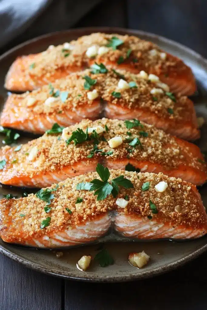 Air fryer salmon garlic parmesan - the image shows four pieces of salmon on a gray plate. the salmon is cooked to a golden brown color and appears to be seasoned with herbs and spices. the top of the salmon is garnished with chopped parsley and small pieces of garlic. the plate is sitting on a wooden table with a white cloth napkin in the background. the overall presentation of the dish is elegant and appetizing.
