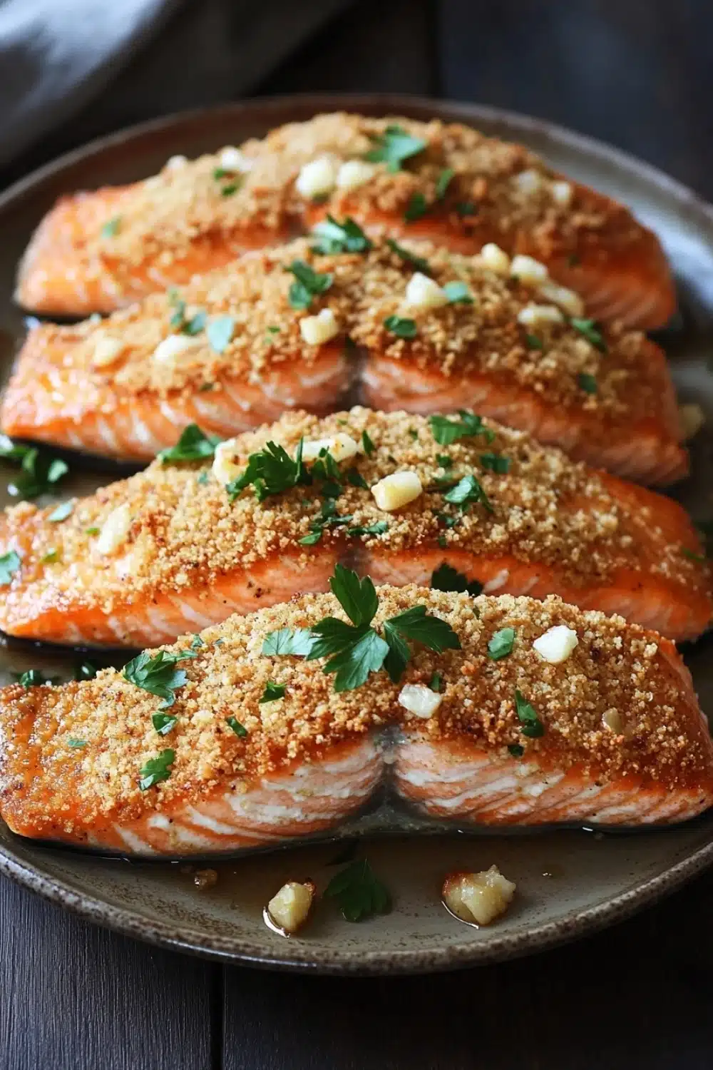 Air fryer salmon garlic parmesan - the image shows four pieces of salmon on a gray plate. the salmon is cooked to a golden brown color and appears to be seasoned with herbs and spices. the top of the salmon is garnished with chopped parsley and small pieces of garlic. the plate is sitting on a wooden table with a white cloth napkin in the background. the overall presentation of the dish is elegant and appetizing.
