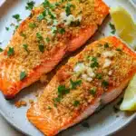 Air fryer salmon garlic parmesan - the image shows two pieces of salmon on a white plate. the salmon is cooked to a golden brown color and is garnished with chopped parsley and crumbled white cheese. there are two lemon wedges on the plate, one on each side of the salmon. the plate is sitting on a wooden table with a gray napkin in the background.
