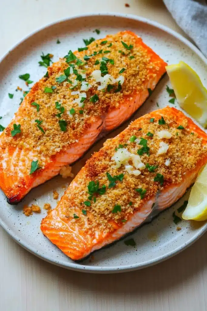 Air fryer salmon garlic parmesan - the image shows two pieces of salmon on a white plate. the salmon is cooked to a golden brown color and is garnished with chopped parsley and crumbled white cheese. there are two lemon wedges on the plate, one on each side of the salmon. the plate is sitting on a wooden table with a gray napkin in the background.
