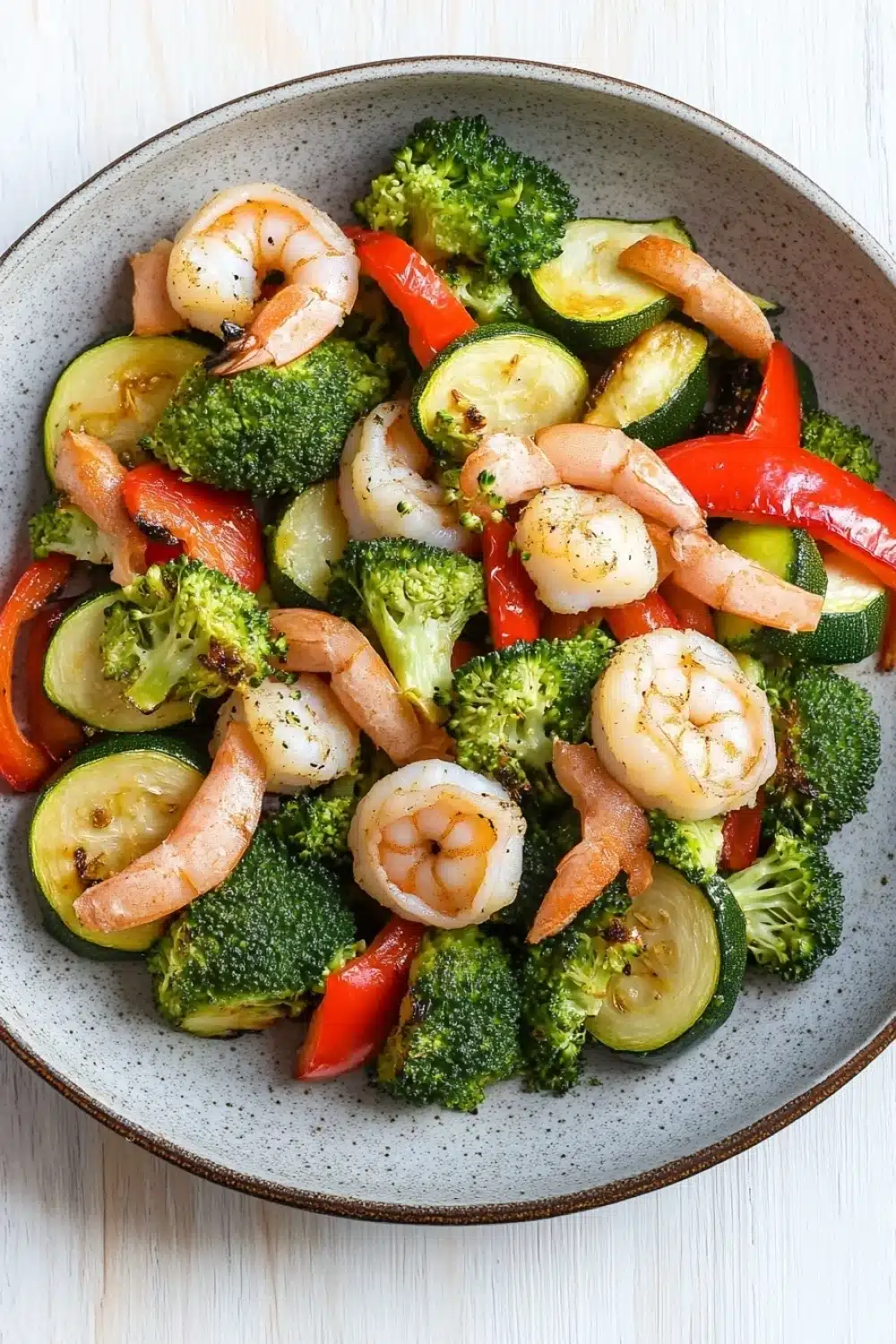Air fryer shrimp and vegetables - the image is a close-up of a bowl of stir-fry with shrimp and vegetables. the bowl is made of ceramic and has a light blue and white speckled pattern. the vegetables in the bowl include broccoli, zucchini, and red bell peppers. the shrimp are pink and appear to be cooked, while the vegetables are green and yellow. the dish is garnished with a sprinkle of sesame seeds. the background is a white wooden table.