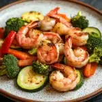 Air fryer shrimp and vegetables - the image is a close-up of a plate of food. the plate is white with a brown rim and has a speckled pattern. on the plate, there are several pieces of cooked shrimp arranged in a circular pattern. the shrimp are pink and appear to be seasoned with herbs and spices. there are also pieces of broccoli, carrots, and zucchini scattered throughout the dish. the vegetables are bright green and look fresh and vibrant. the background is dark, making the colors of the dish stand out.