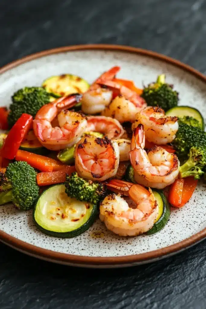 Air fryer shrimp and vegetables - the image is a close-up of a plate of food. the plate is white with a brown rim and has a speckled pattern. on the plate, there are several pieces of cooked shrimp arranged in a circular pattern. the shrimp are pink and appear to be seasoned with herbs and spices. there are also pieces of broccoli, carrots, and zucchini scattered throughout the dish. the vegetables are bright green and look fresh and vibrant. the background is dark, making the colors of the dish stand out.